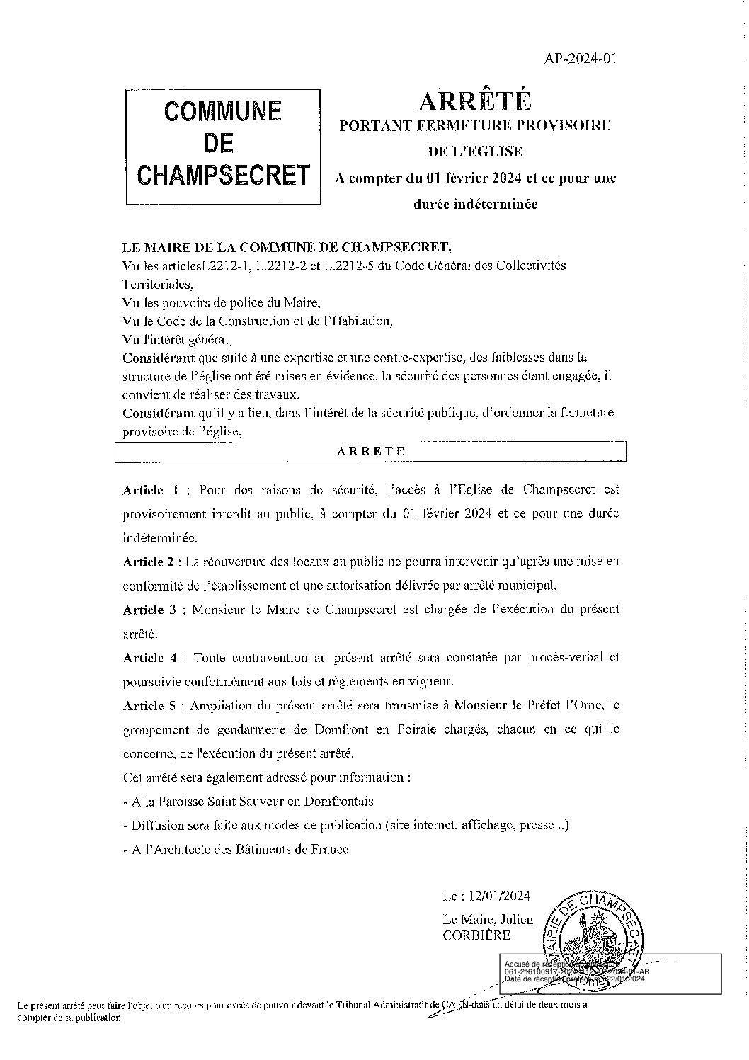 Lire la suite à propos de l’article Arrêté de fermeture de l’église de Champsecret