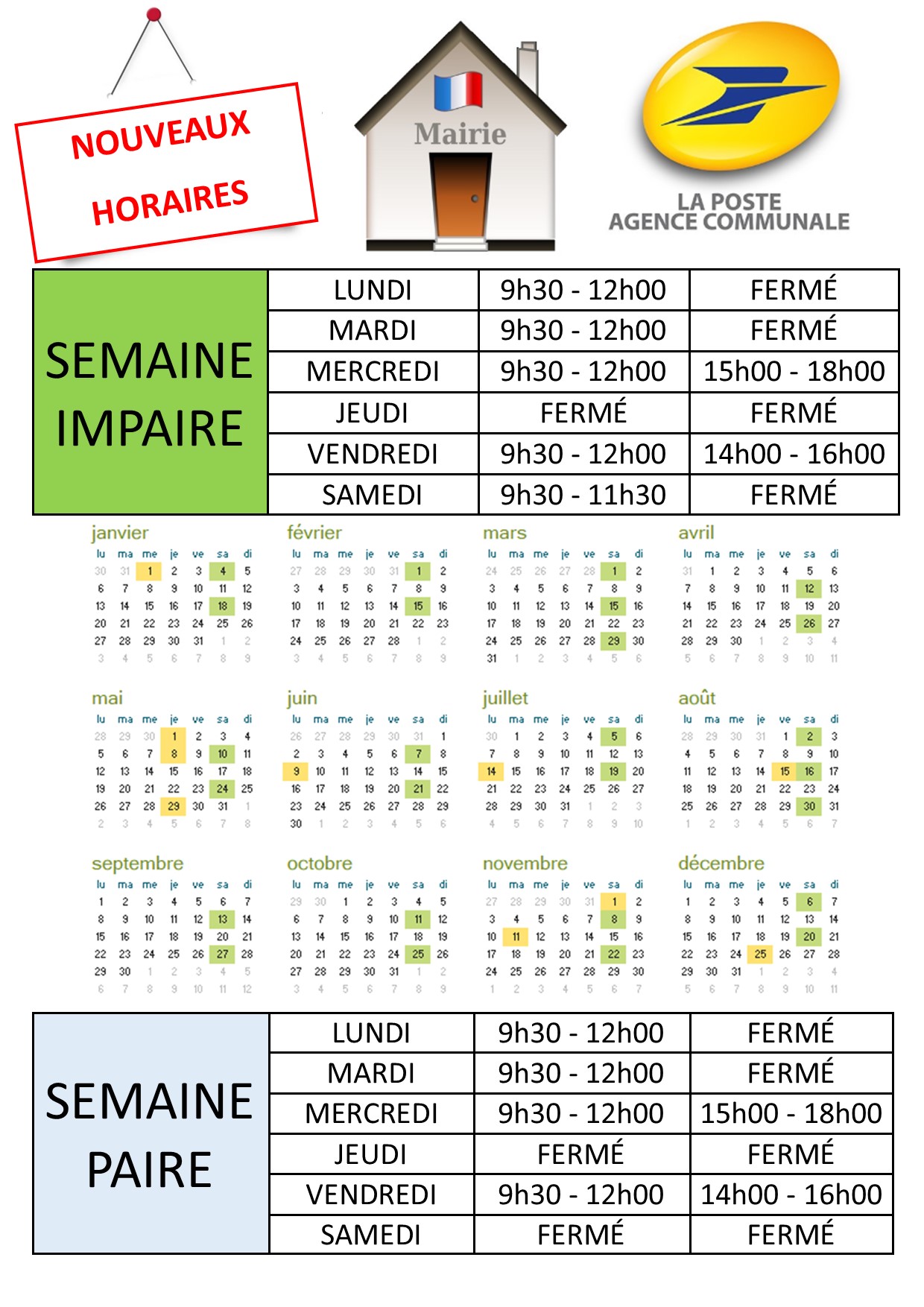 Lire la suite à propos de l’article Nouveaux horaires Mairie et Agence Postale Communale
