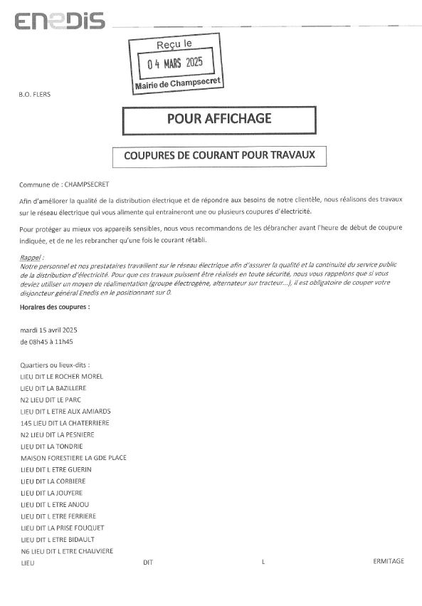 Read more about the article Coupures de courant pour travaux le 15 avril 2025 matin