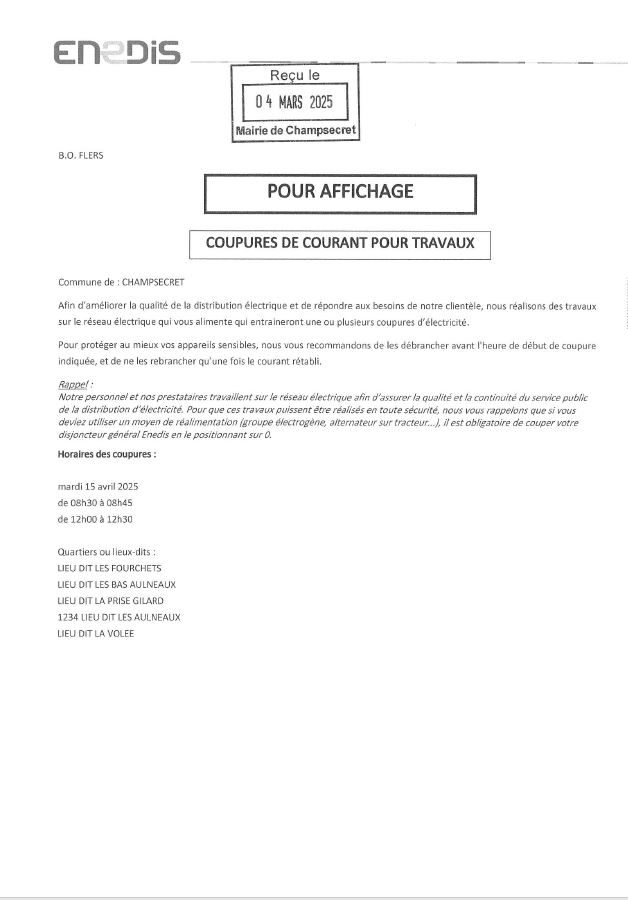 Read more about the article Coupures de courant pour travaux le 15 avril 2025 1 heure