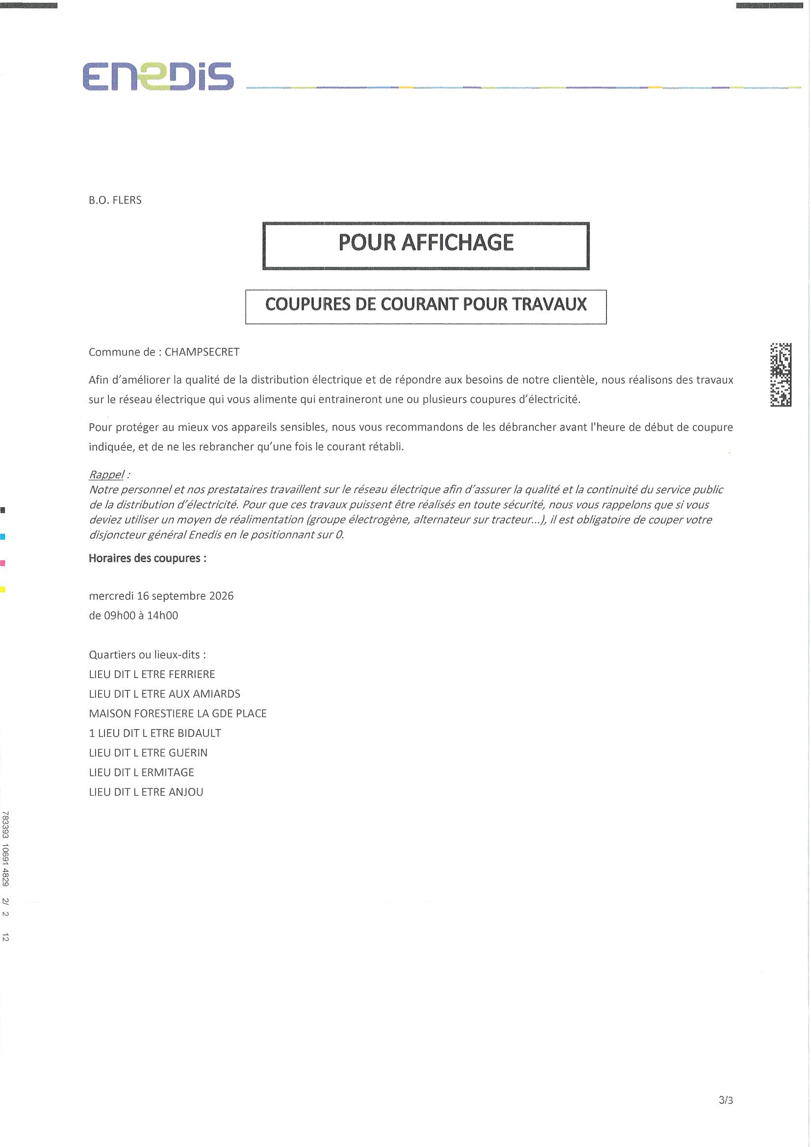 Lire la suite à propos de l’article Enedis – Coupures de courant pour travaux